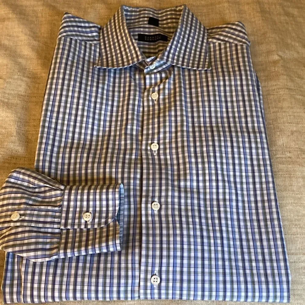Barneys New York Mens Long Sleeve Fine Cotton Blue/Gray Checked Dress Shirt. XL - Picture 3 of 7